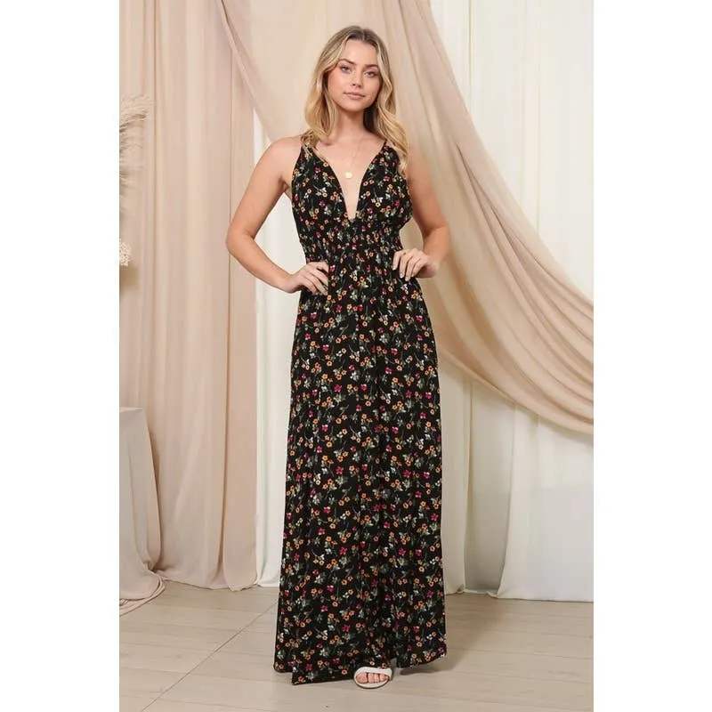 Women's Open Back Black Floral Maxi Dress