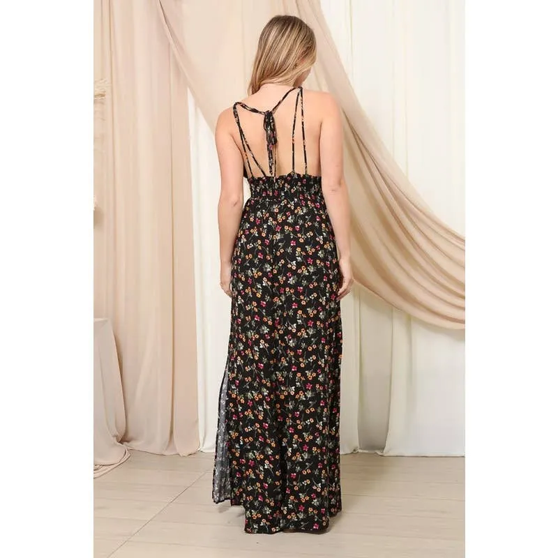 Women's Open Back Black Floral Maxi Dress