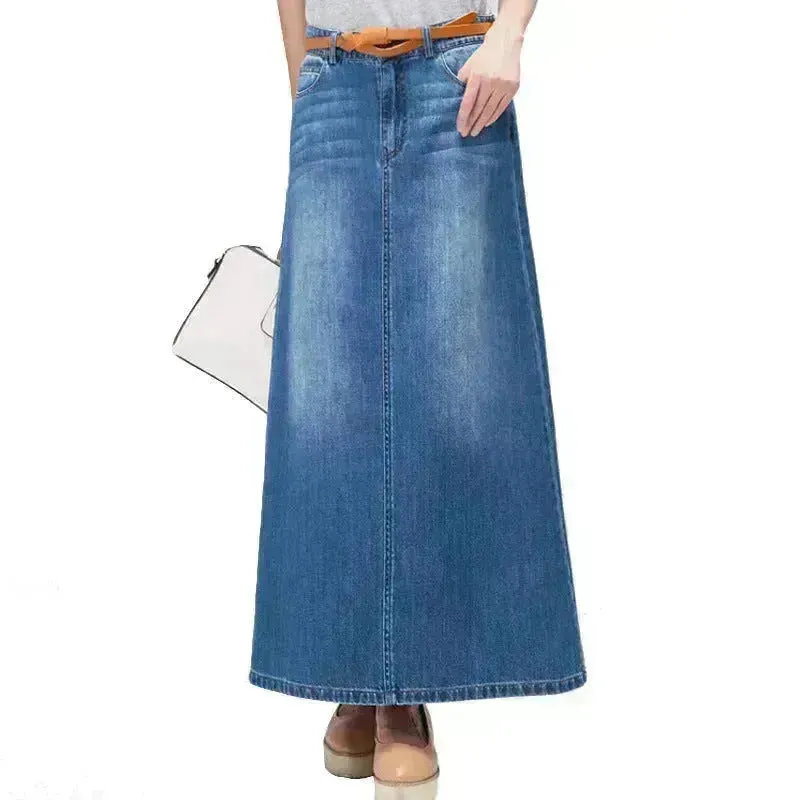 Women's Plus Size  Mid-length A- Line Denim Skirt Denim long skirt maxi jean skirt